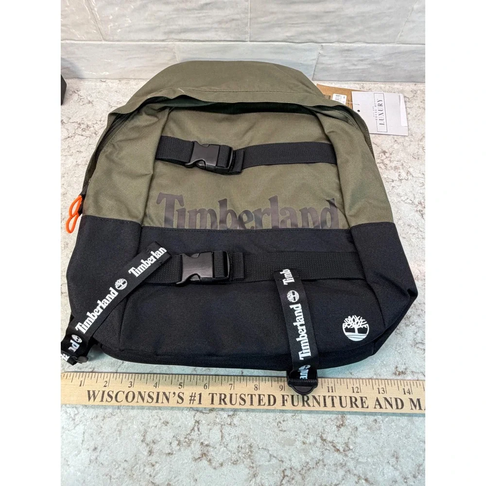 Timberland Backpack Olive Green Black Canvas Buckle Strap School Hiking Bag NEW
